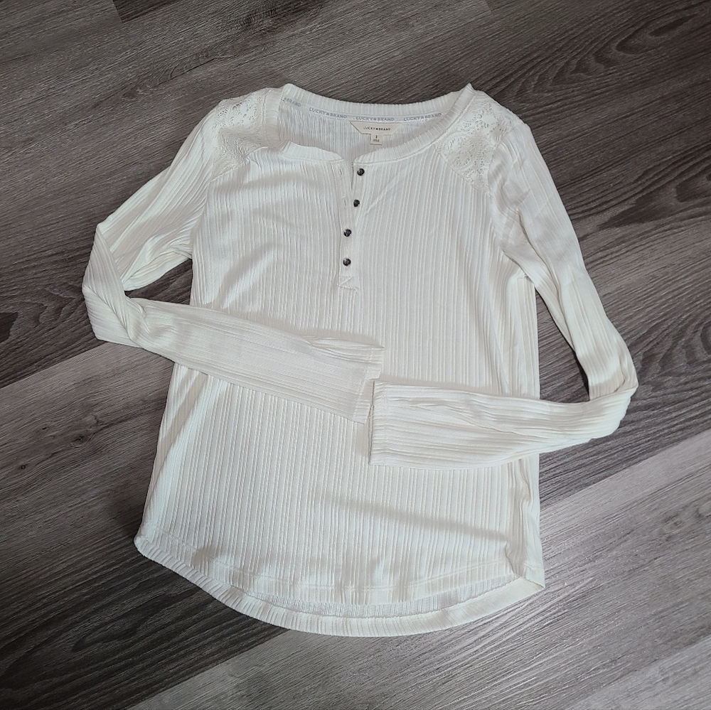 Lucky Brand White Long Sleeve Henley Top Size S